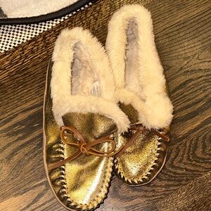 Gold Faux Fur Lined Moccasin Slippers